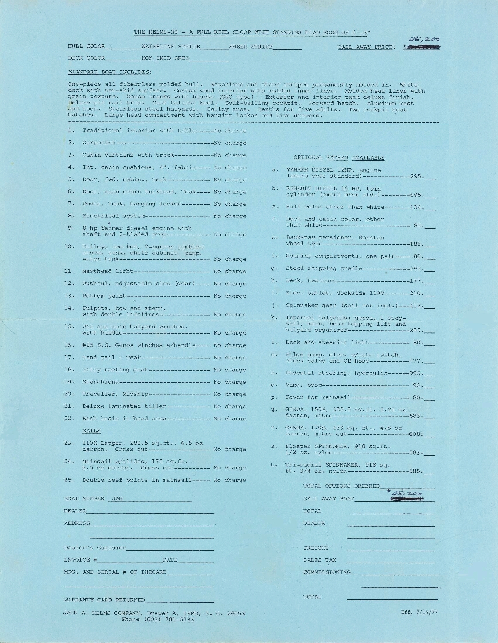1977 Helms 30 Brochure Inside Price List